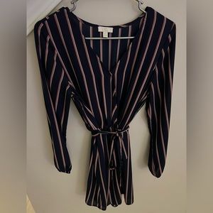 Charming Charlie long sleeve navy blue wrap style dress with pink stripes
